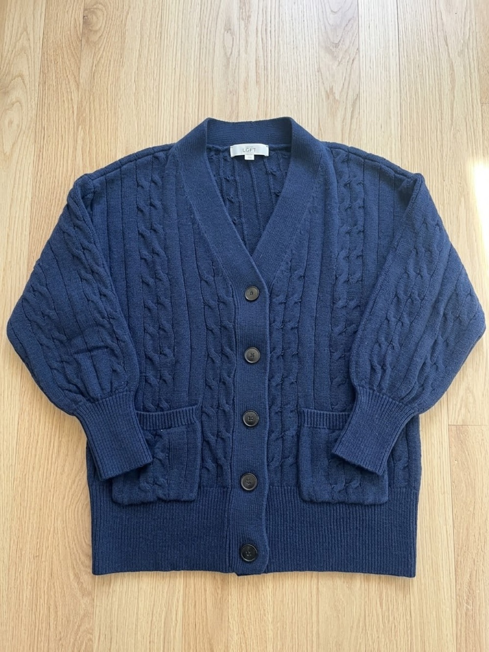 LOFT Navy Cable-Textured Button Front Cardigan Sz S
